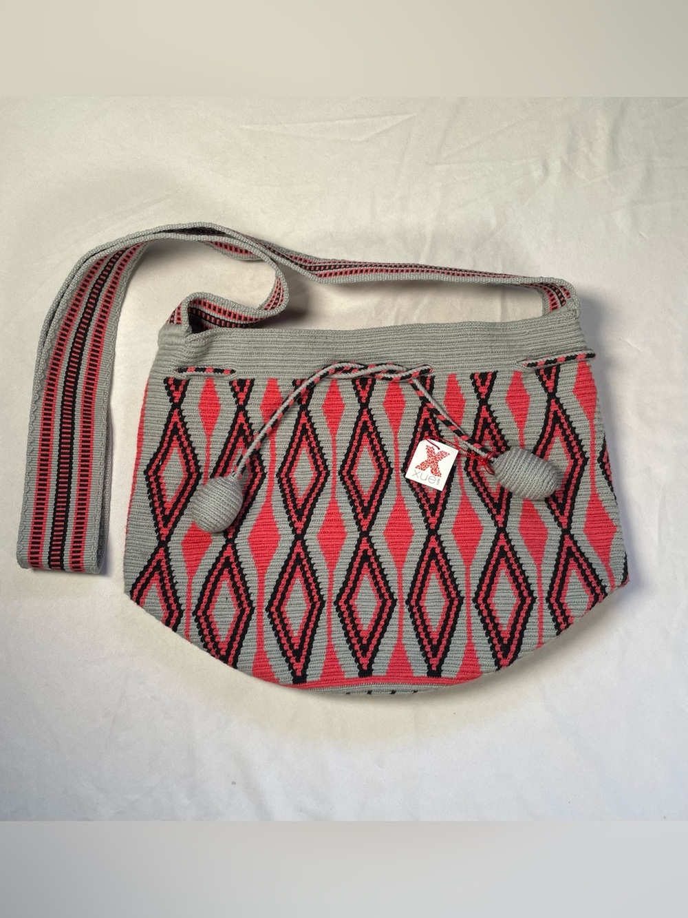 Authentic Wayuu Mochila Bag – Handwoven Coral Black & Grey Geometric Crossbody